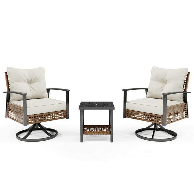 LAUSAINT HOME 3 Pieces Patio Conversation Set, Outdoor Furniture with Swivel Chairs & Coffee Table, Beige
