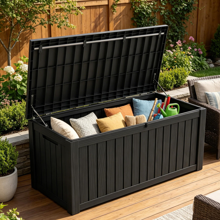 LAUSAINT HOME 150 Gallon Resin Deck Box, Package Delivery Box with Lockable Lid, Waterproof Outdoor Storage Box For Garden Tools, Patio Cushions, Black